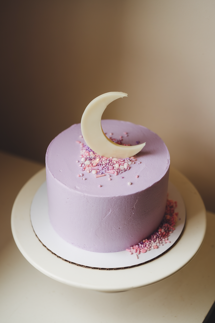 Indoor photo of a pastel purple cake with a white chocolate crescent moon topper, soft overhead lighting. No text or logos.