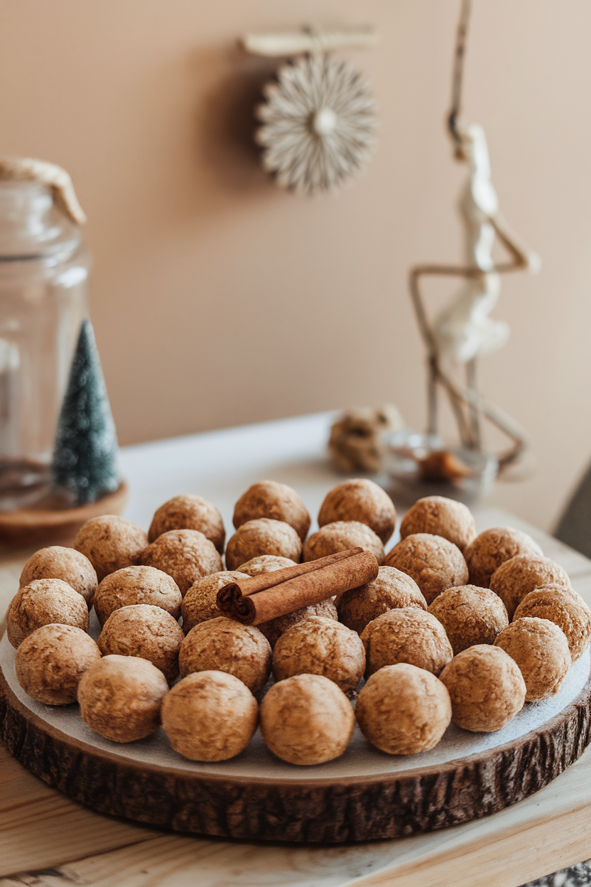 Indoor tabletop with small round gingerbread-spiced bites rolled in almond flour, arranged beside a cinnamon stick. No logos or text.