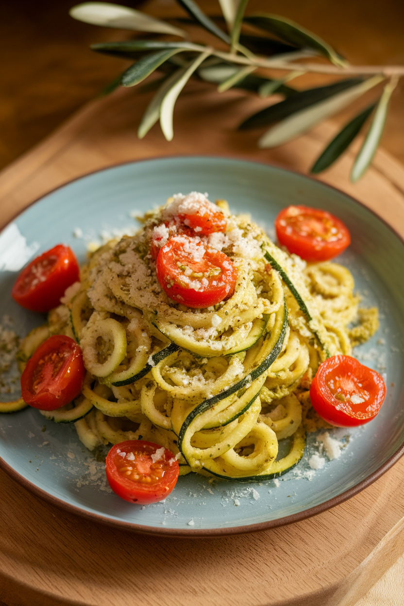An indoor plate of spiraled zucchini noodles tossed in pesto, dotted with sautéed cherry tomato halves and grated Parmesan. No logos or words; photography only.