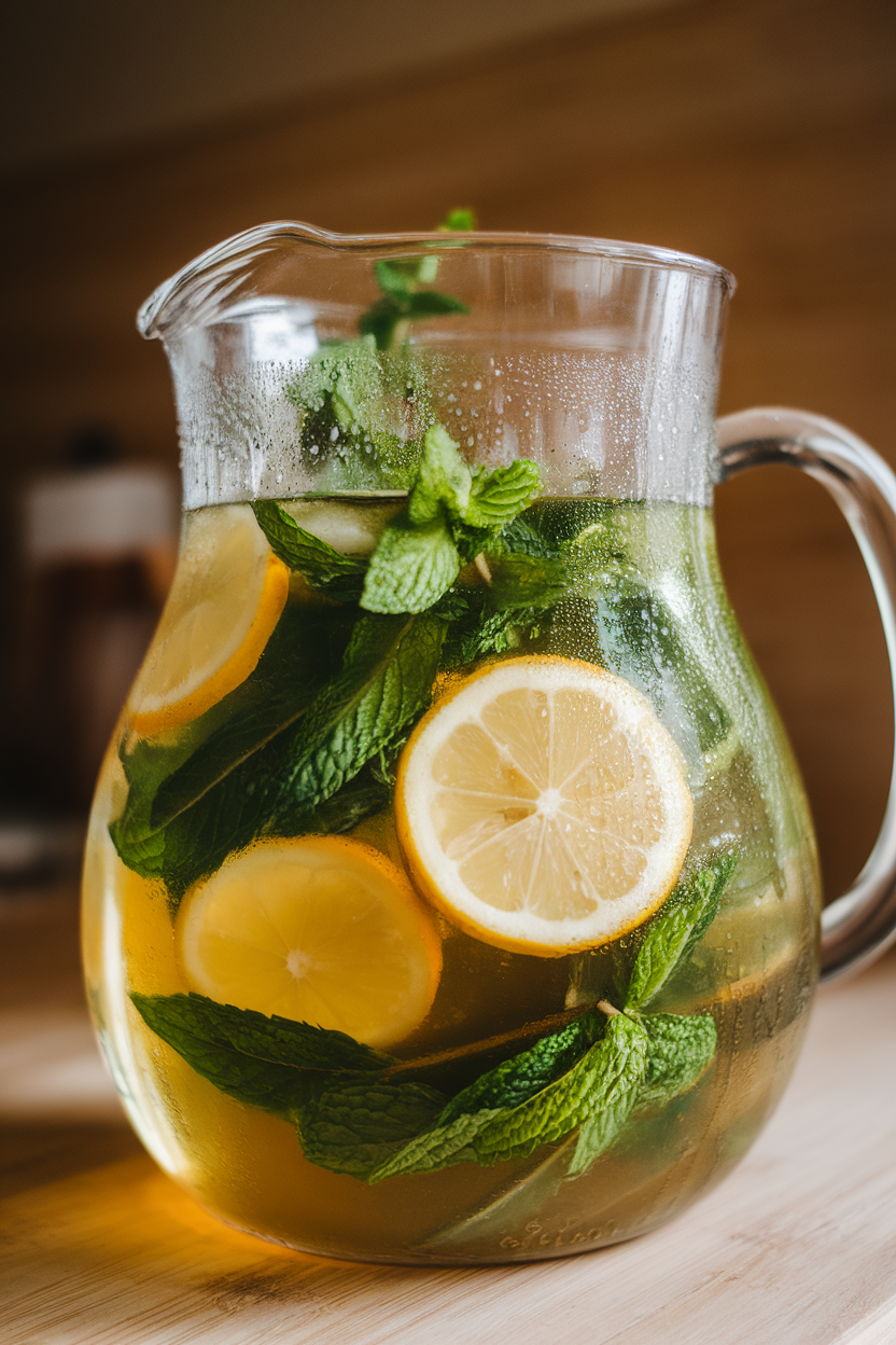 Photo of a clear glass pitcher indoors filled with iced mint tea, fresh mint sprigs and lemon slices floating, condensation visible; no text or logos.