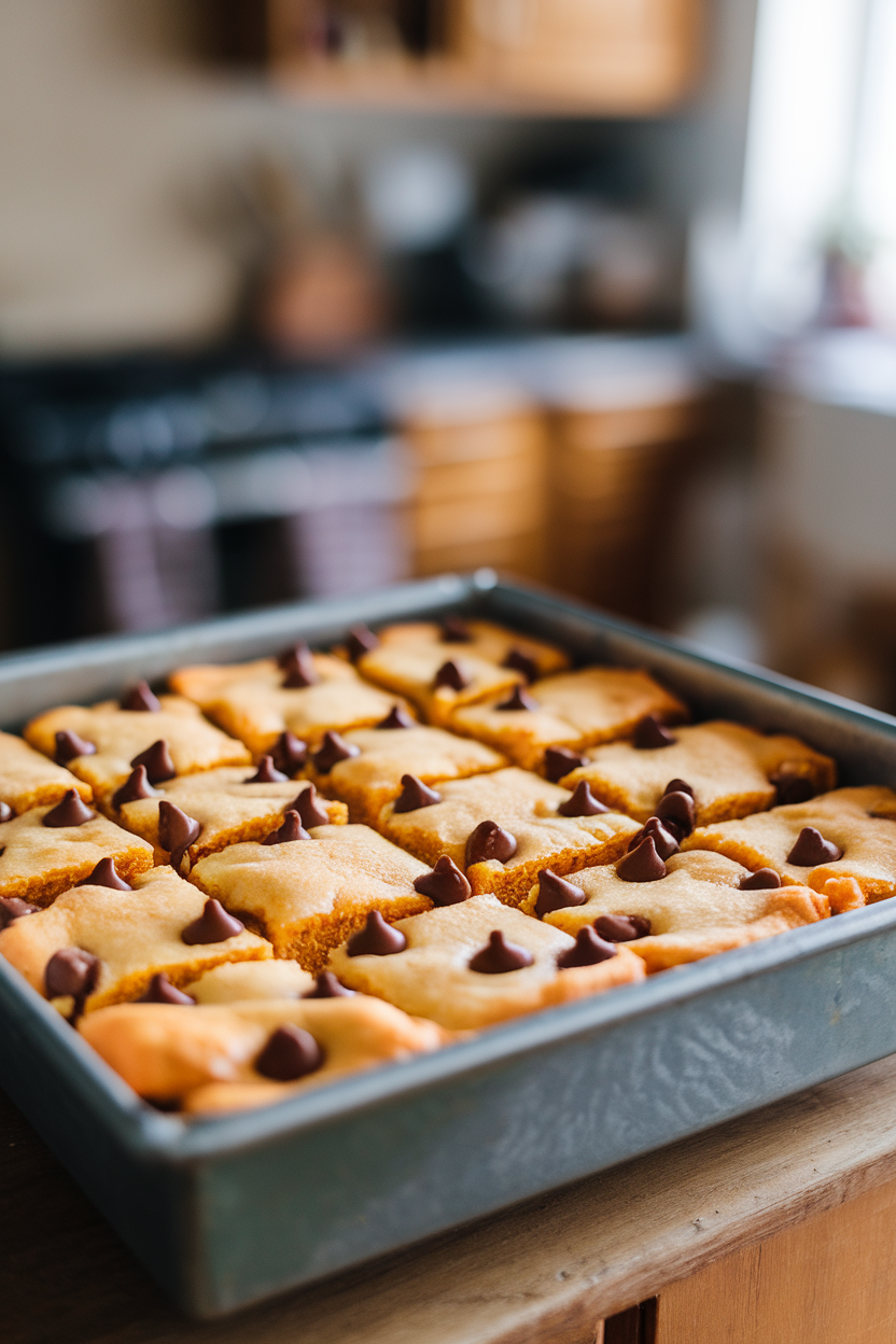 Indoor metal pan of golden bar cookies with orange hue and melty chocolate chips throughout, cut into squares. No text or logos. Photo only.