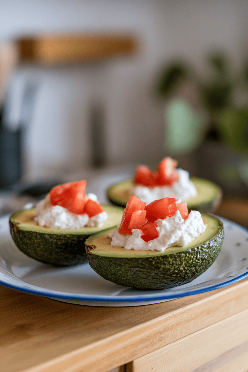 Photo of halved avocados filled with cottage cheese and diced tomato on a plate indoors, no text or logos.