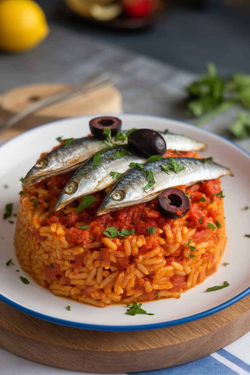 Indoor shot of tomato rice topped with cooked sardine fillets, olives, and parsley. No text or logos.