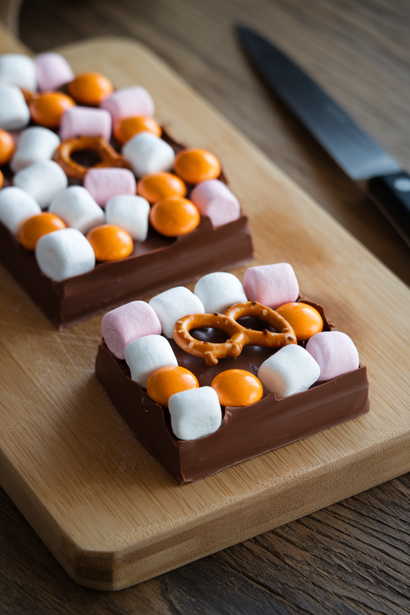 An indoor cutting board displaying chocolate bars packed with marshmallows, pretzel pieces, and orange candy-coated chocolates. Photo only, no text or logos.