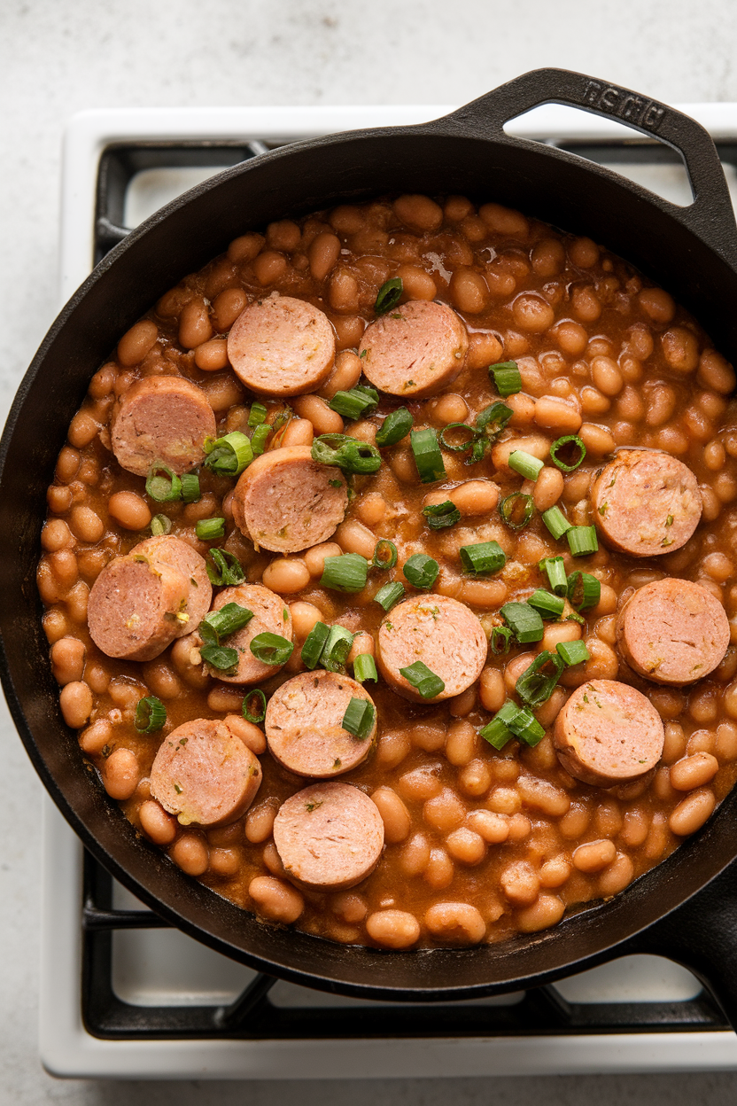 An indoor stovetop skillet of smoky baked beans mixed with sliced chicken sausage, topped with green onions. No text or logos; photo only.