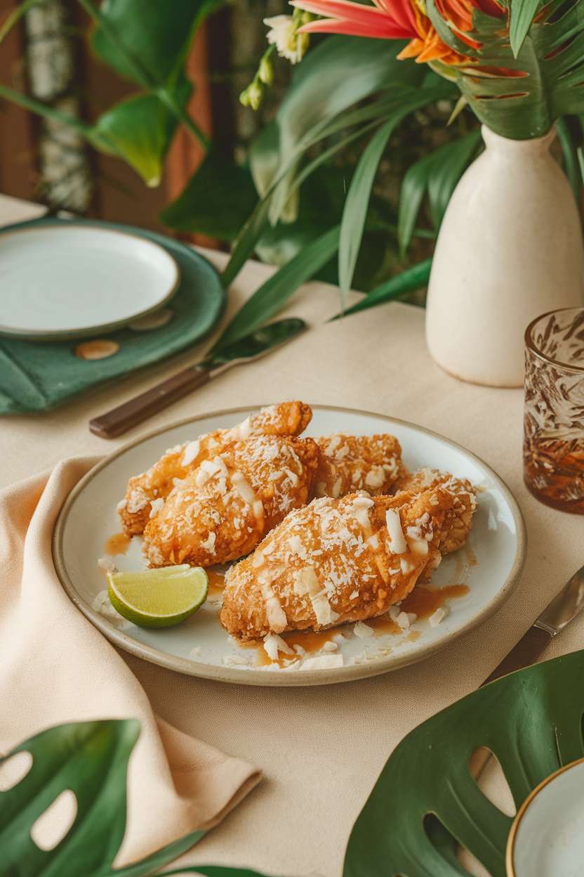 Indoor tropical-themed table showing fried chicken breasts with coconut flakes and light rum glaze, lime wedge garnish, photo only, no text or logos