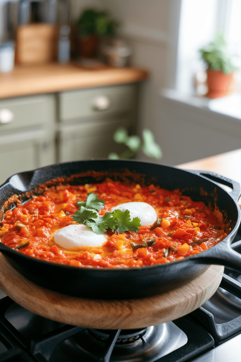 Indoor stovetop scene featuring a cast-iron skillet filled with simmering tomato-pepper sauce and poached eggs, garnished with cilantro. No text or logos visible. Photo, not illustration.