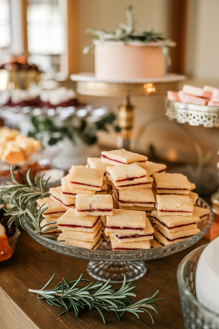 Indoor dessert buffet showing a plate of small square cranberry-rosemary shortbread cookies stacked neatly, with rosemary sprigs nearby. No text or logos. Photo only.