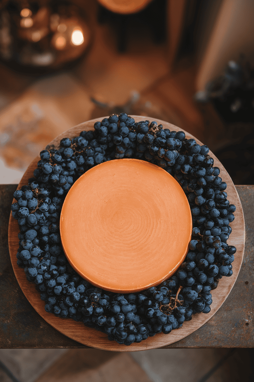 Overhead indoor image of a round wooden board with a large orange gouda wheel cut into a perfect circle, ringed by dark Concord grapes to evoke a night sky. No text or logos.