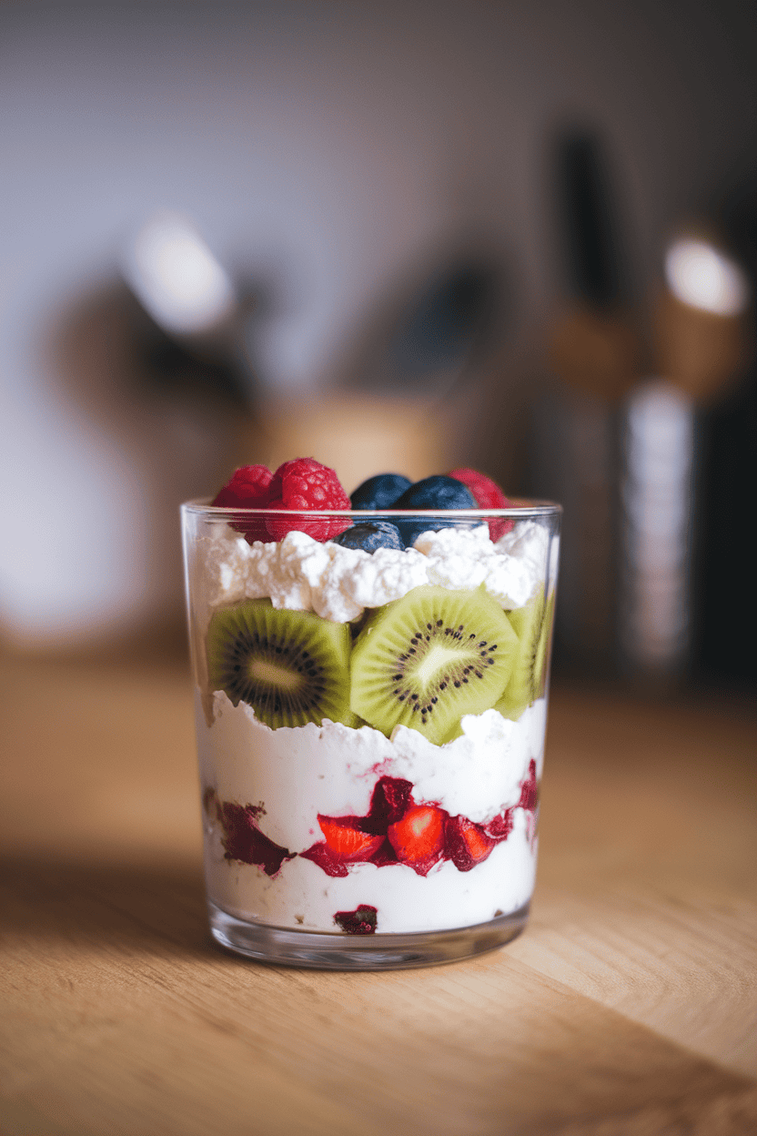 Photo of a clear glass filled with layers of cottage cheese, kiwi slices, and berries, indoor light, no text or logos.