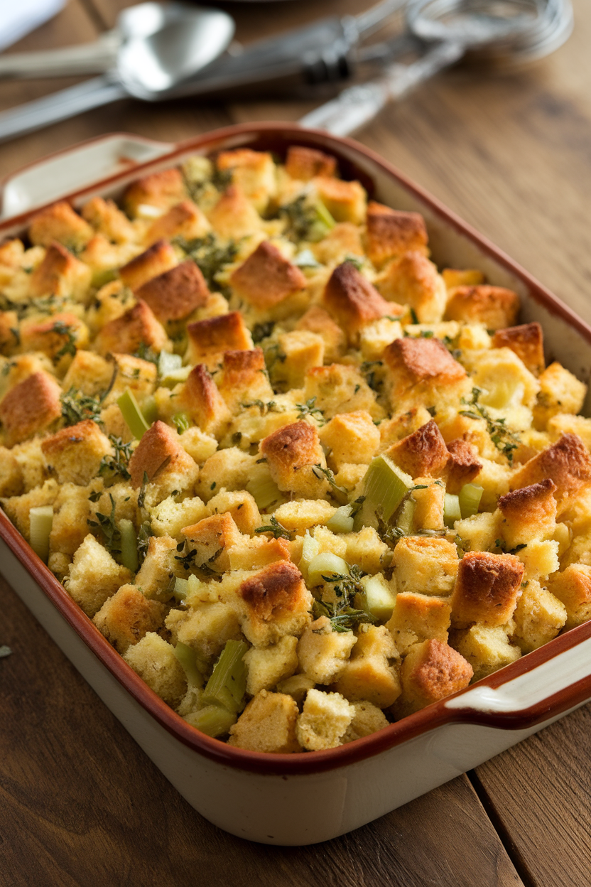 An indoor casserole dish of golden cornbread stuffing dotted with celery and herbs, photographed from a slight angle. No text or logos. Photo.