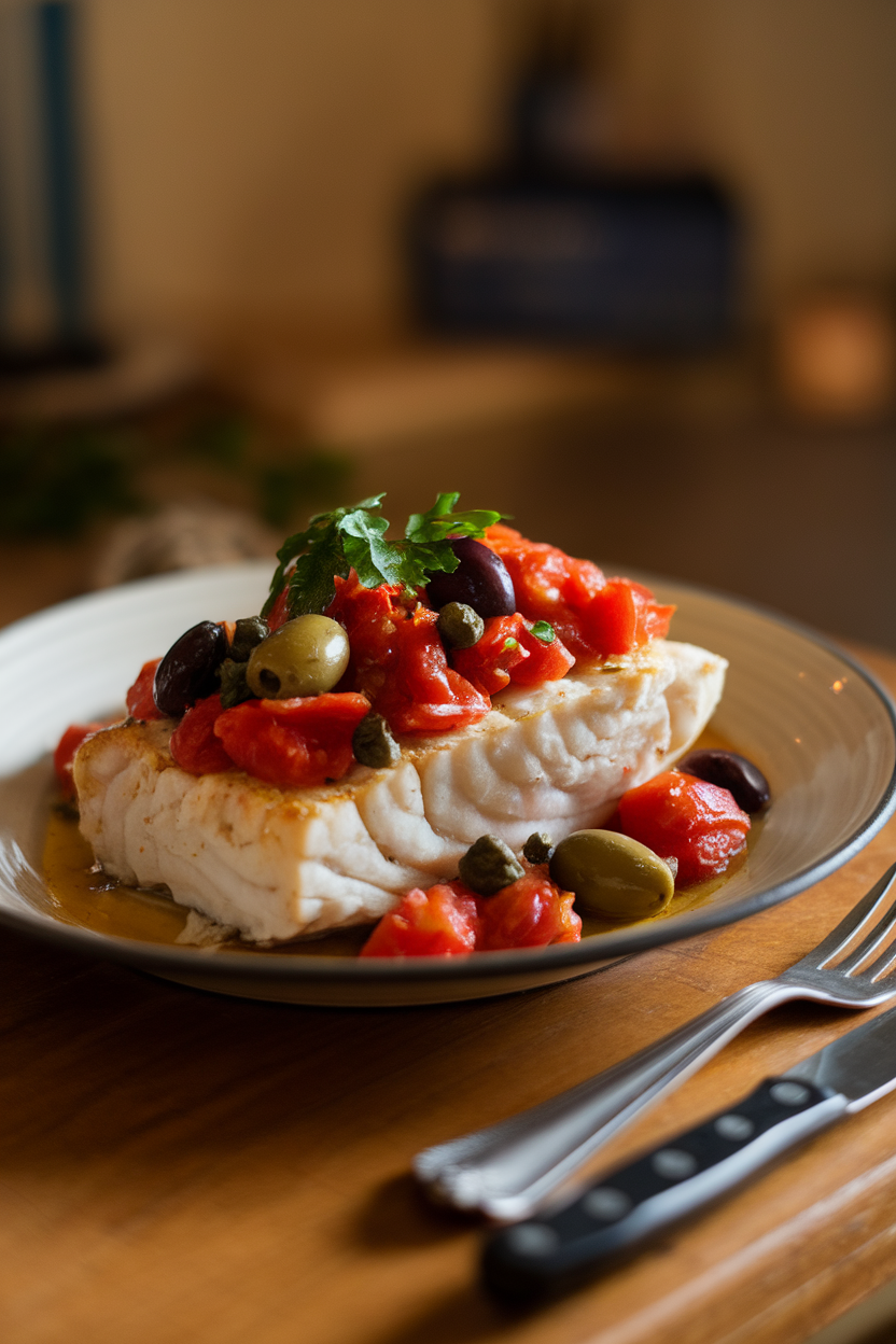A warmly lit indoor plate presenting a flaky baked cod fillet topped with stewed tomatoes, olives, and capers, garnished with parsley. No logos or text.