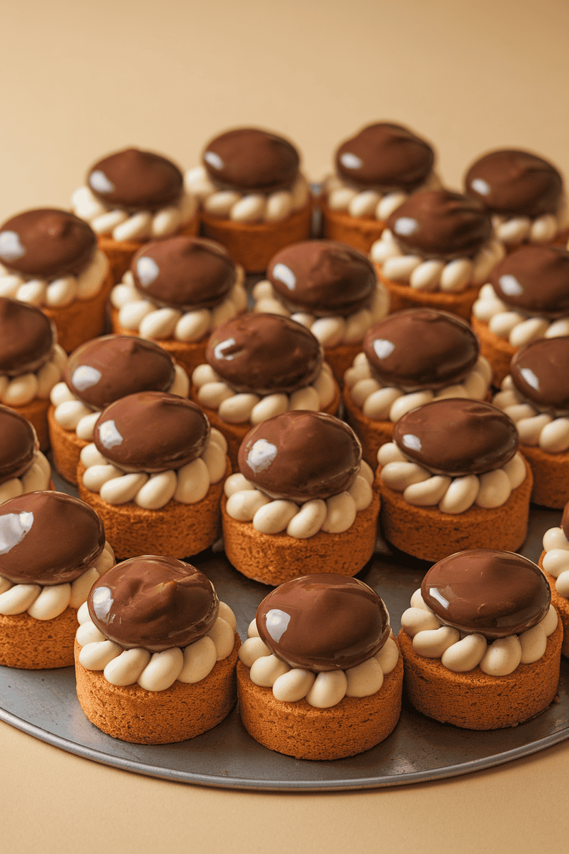 Indoor photo of cupcake-sized sponge cakes filled with pastry cream and topped with chocolate ganache, no text or logos