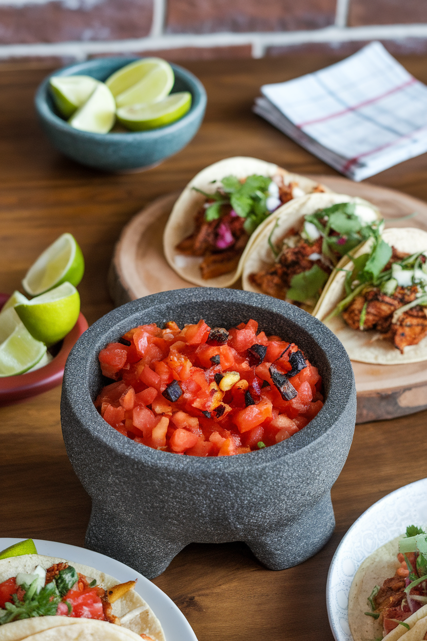An indoor taco night table showing a stone molcajete of chunky roasted tomato salsa with charred bits. Photo, no text or logos.