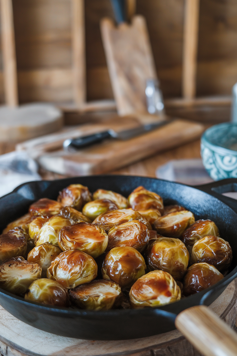 An indoor skillet with Brussels sprouts glazed in apple butter, caramelized edges present; no text or logos. Photo.</Prompt