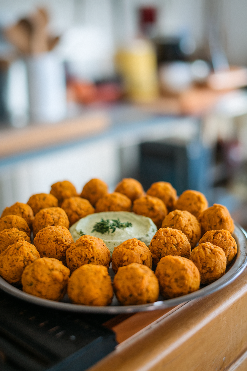 Bite-sized falafel tinted orange with pumpkin purée, served with green herb dip on an indoor tray. Photo, no text or logos.