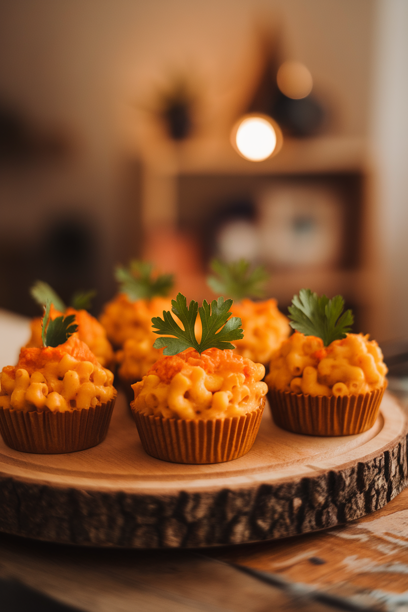 Muffin-tin baked mac and cheese rounds tinted orange and topped with a parsley leaf “stem,” set on a wooden board indoors. Photo, no text or logos.