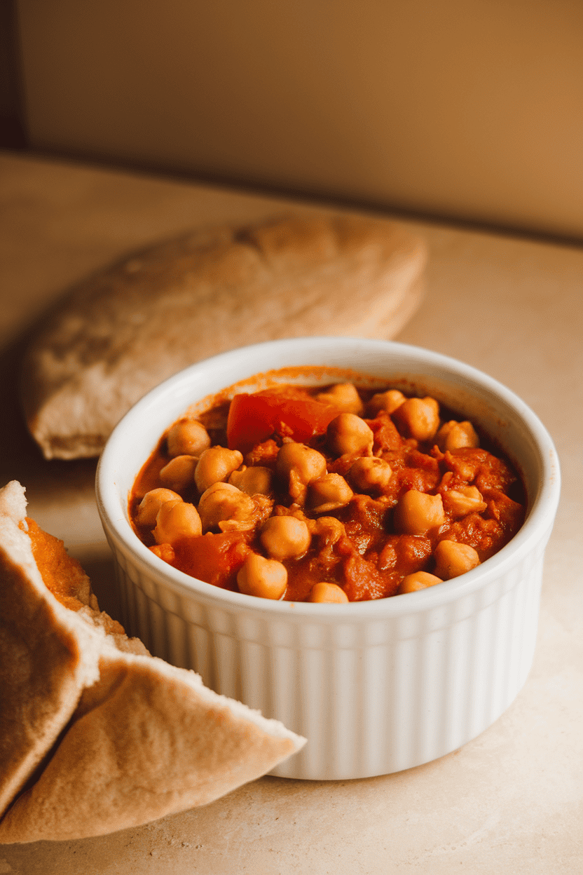 Warm indoor image of a ramekin of cooked Moroccan chickpea stew (visible tomatoes and spices) with half a whole-wheat pita alongside; no text or logos.