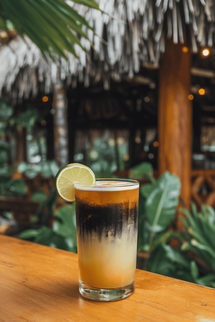 Indoor tiki-style bar scene showing a collins glass of nearly black ginger beer cocktail layered over golden rum, lime wedge perched on rim; no text or logos.