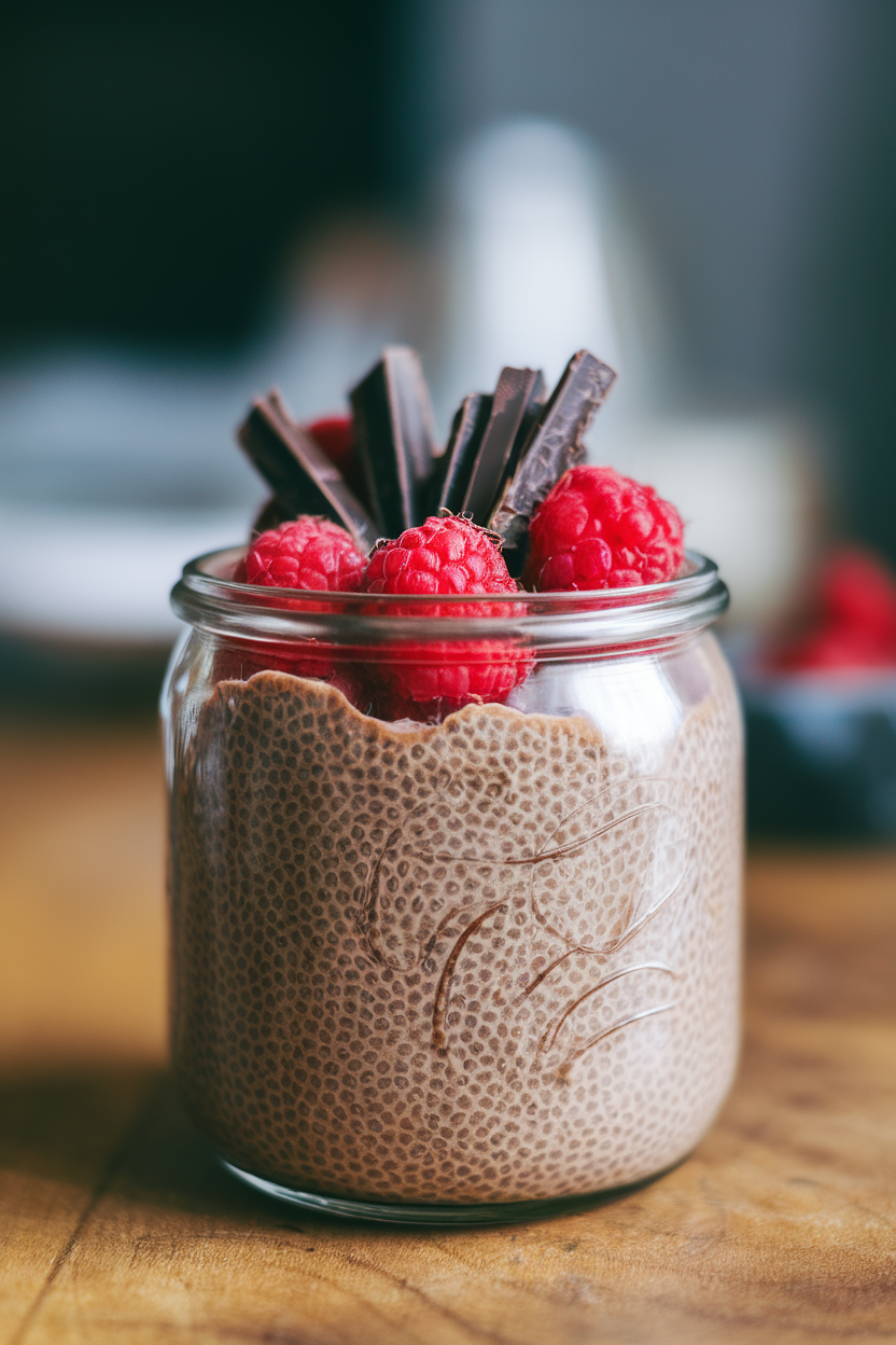 Indoor photo of a glass jar of chocolate chia pudding topped with shaved dark chocolate and raspberries on a wooden table. No text or logos.