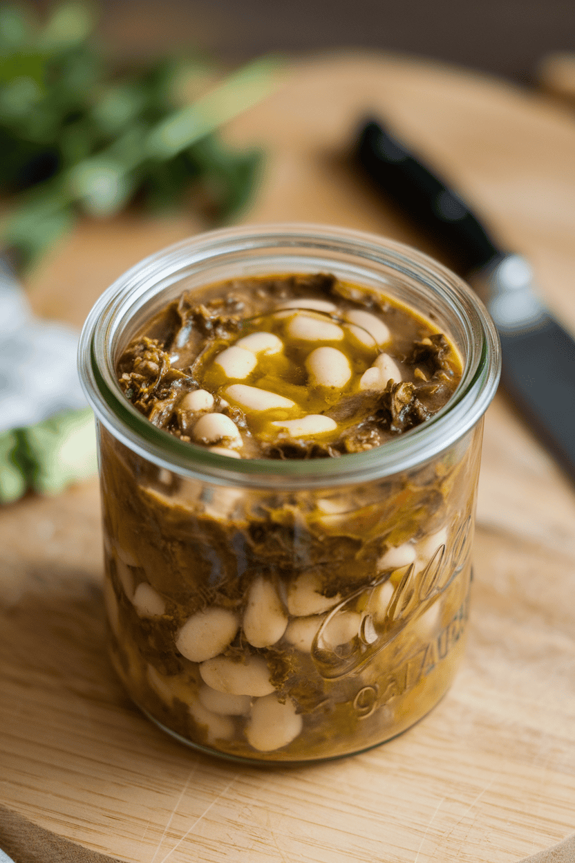 Indoor photo of a lidded soup jar holding chunky white bean and kale stew with a swirl of olive oil on top. No branding visible.