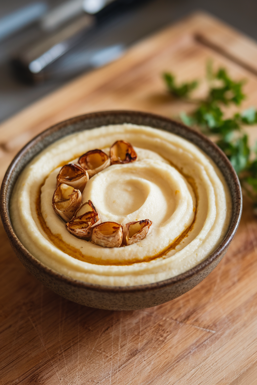 Photo of an indoor bowl of creamy white parsnip purée swirled with roasted garlic cloves; no text or logos