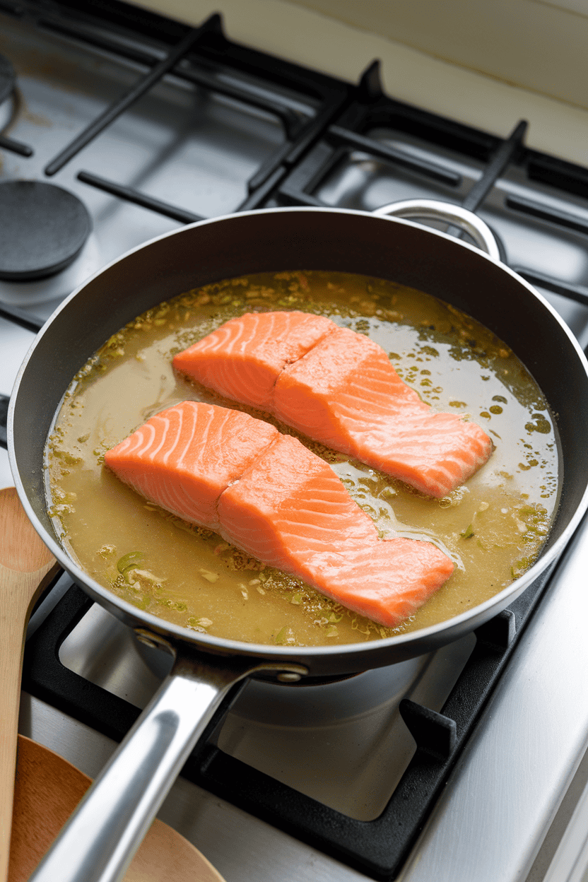 Indoor stovetop shot of a sauté pan gently poaching cooked salmon fillets in pale miso broth, garnished with green onion tops. Photo only, no branding.