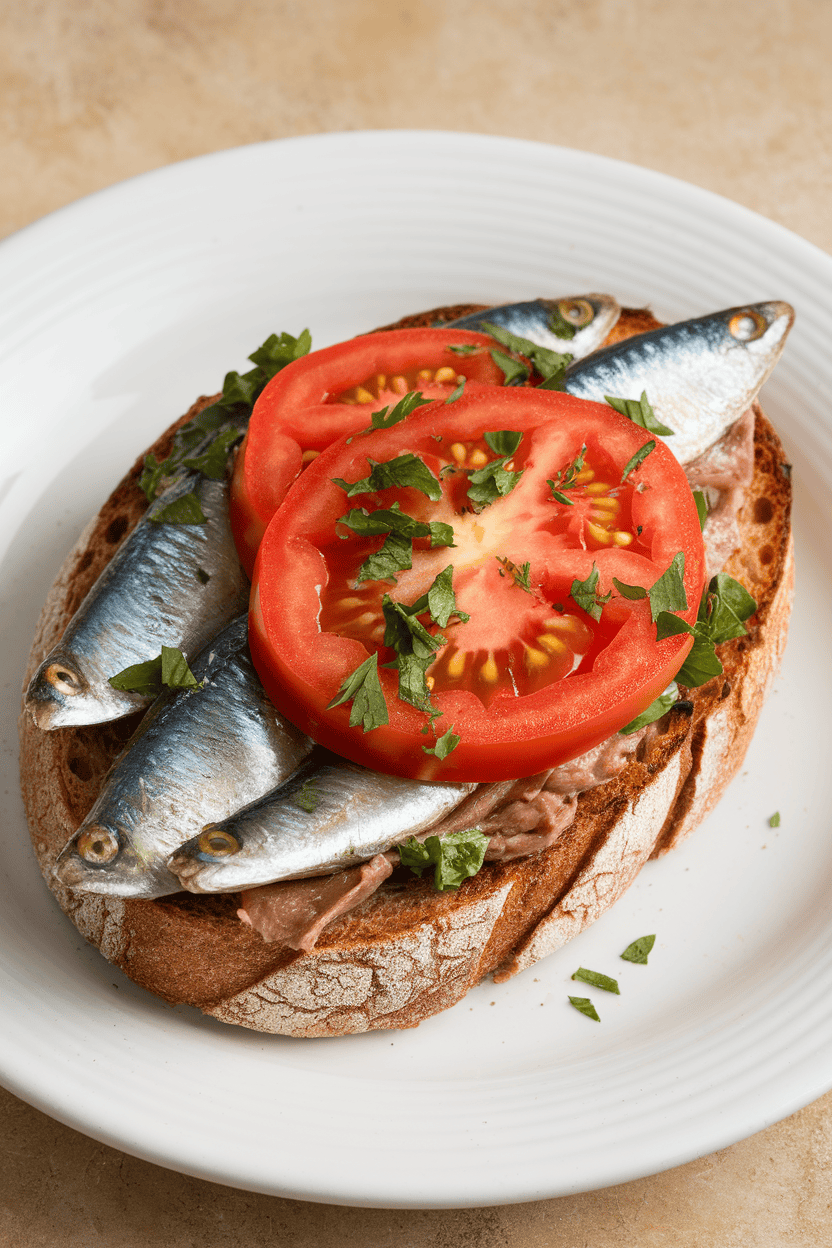 Photo indoors of toasted whole-grain bread topped with canned cooked sardines, sliced tomato, and chopped parsley. No text or logos.