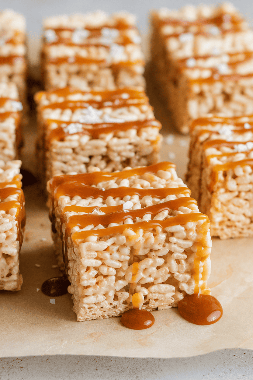 Indoor photo of thick rice krispie squares drizzled with glossy salted caramel, arranged on parchment, no text or logos
