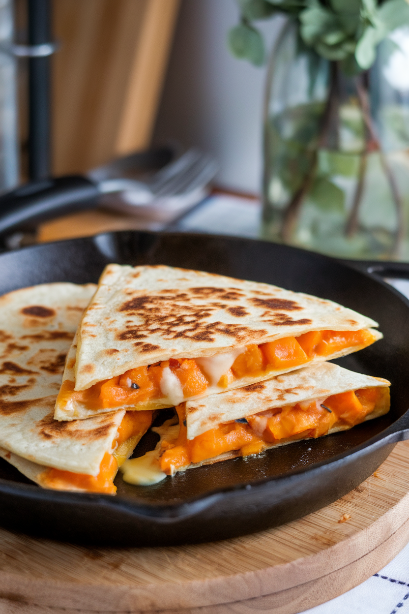 Indoor photo of triangle-cut quesadillas with orange acorn squash filling and melted cheese on a skillet; no text or logos.