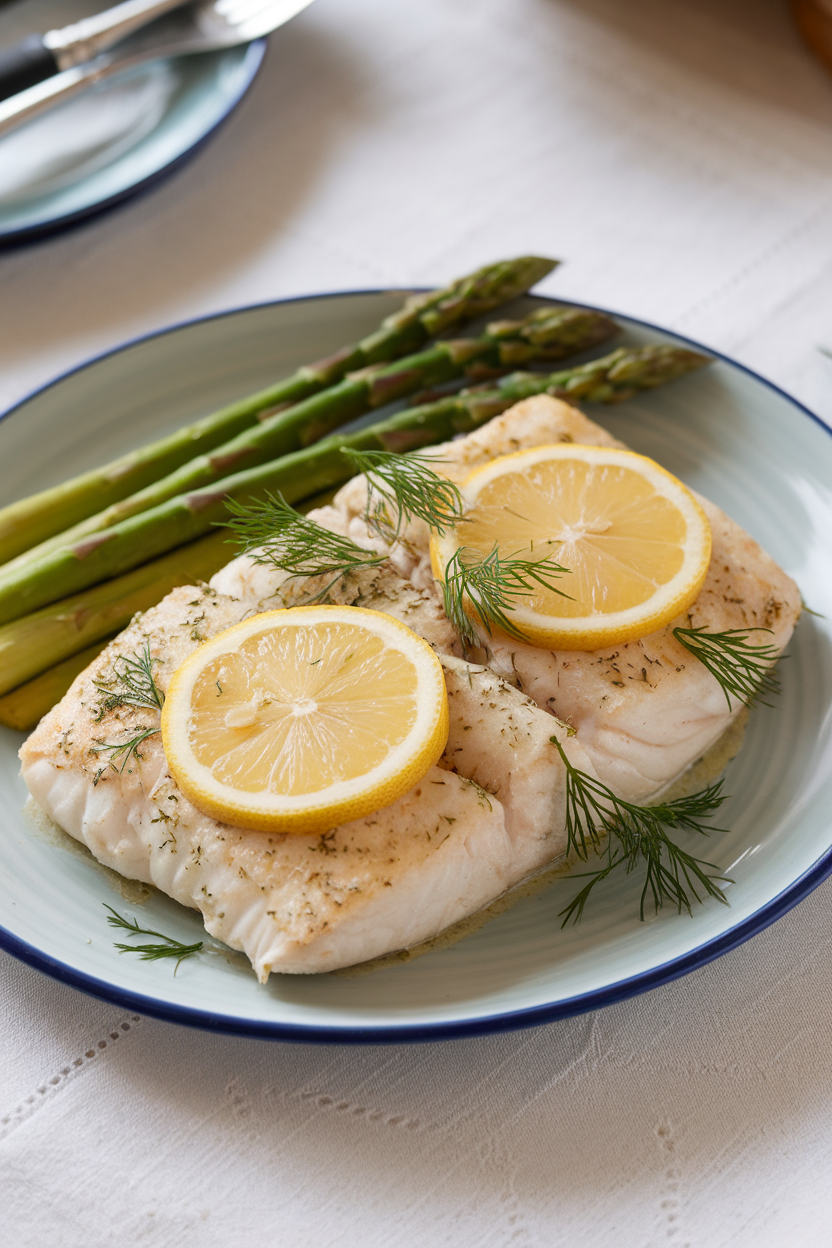 An indoor plate featuring flaky baked haddock fillet topped with lemon slices and fresh dill, asparagus spears alongside. No text or logos, photo style.