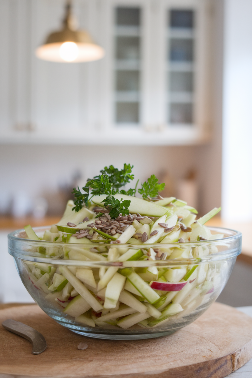 Indoor photo of julienned kohlrabi and apple tossed with parsley and sunflower seeds in a glass bowl; bright kitchen light, no text or logos.