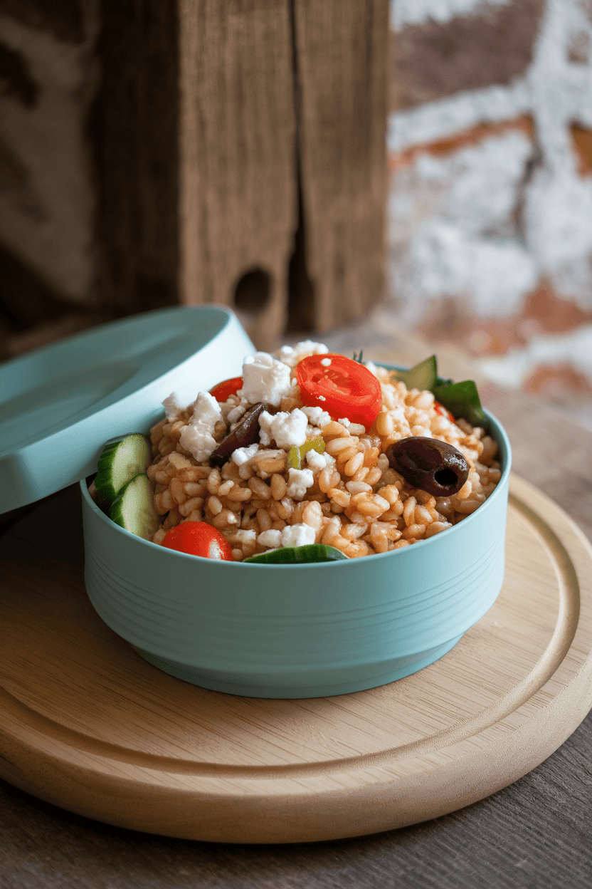 Indoor photo of a bento-style container holding cooked farro tossed with cucumbers, cherry tomatoes, olives, and crumbled feta, shot at table height, no text or logos.