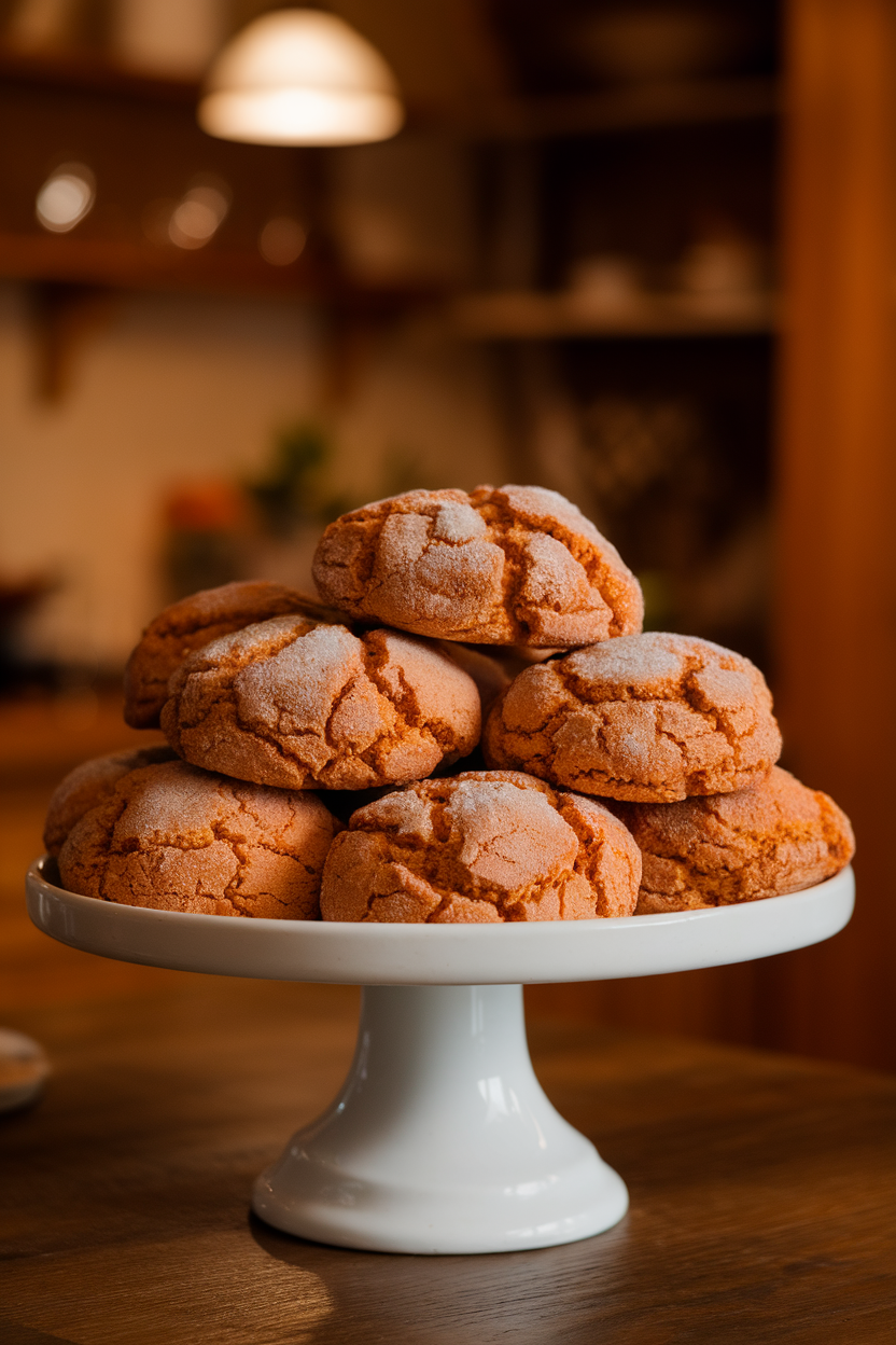 Indoor scene showing pillowy orange-hued cookies rolled in cinnamon sugar, stacked on a white cake stand. Warm kitchen lighting; no logos or text. Photo, not illustration.