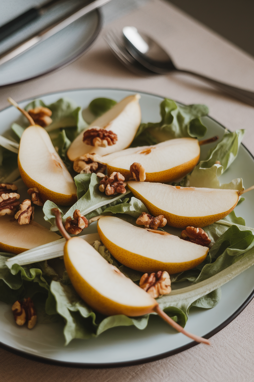 Indoor photo of a salad plate featuring sliced ripe pears, crisp chicory leaves, and scattered walnut halves, lightly dressed. Soft dining light, no text or logos.