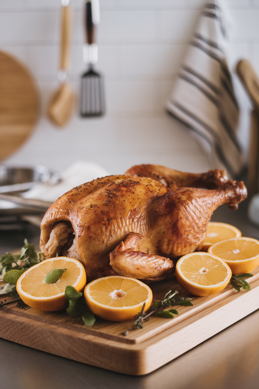 An indoor carving board with a whole roast chicken garnished with citrus slices and herbs, no text or logos. Photo.</Prompt