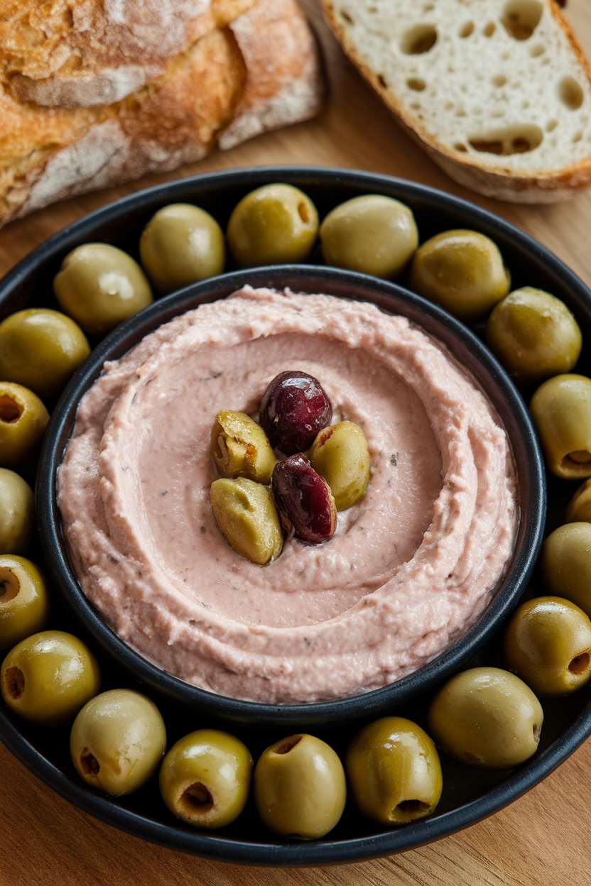 An indoor Mediterranean spread featuring a pale pink taramasalata dip in a black bowl, olives arranged around. Photo, no text or logos.