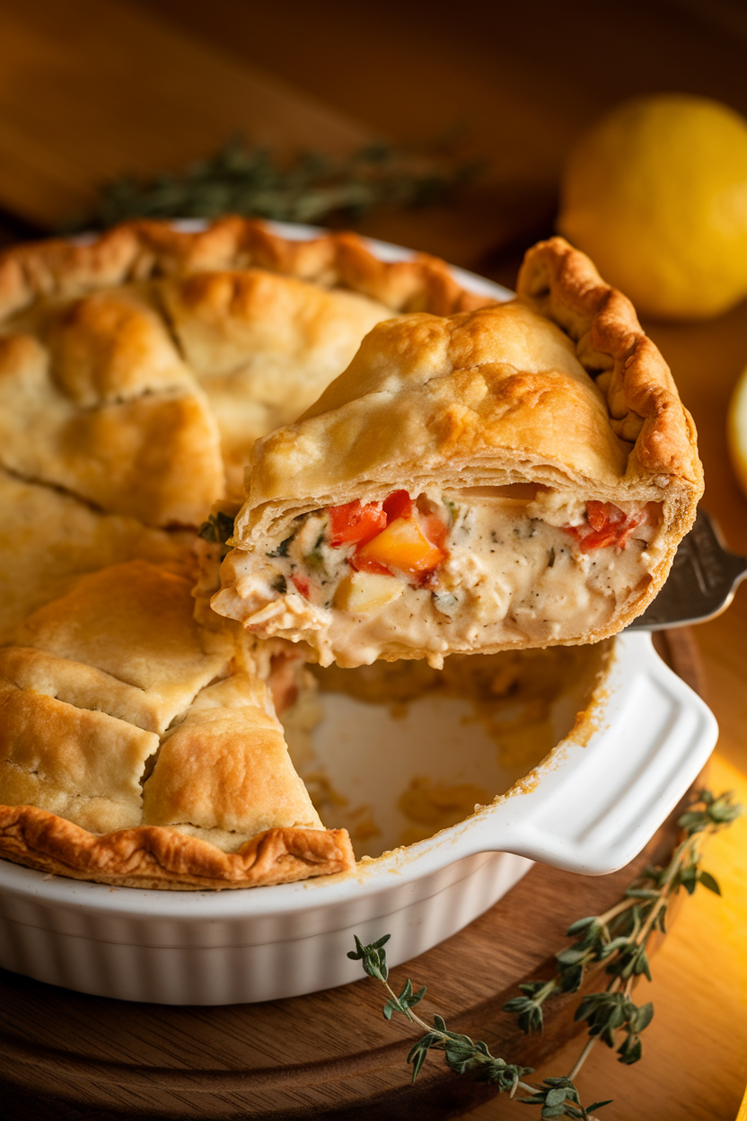 Indoor photo of a golden chicken pot pie in a white ceramic pie dish, a slice lifted to reveal creamy chicken and vegetable filling. Warm overhead lighting, no text or logos anywhere.