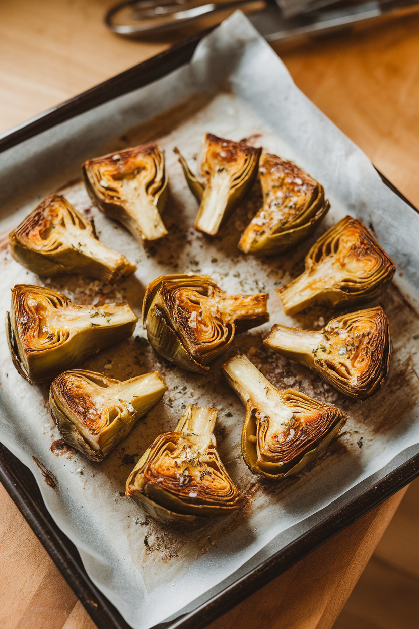 Indoor photo of a parchment-lined baking sheet showcasing golden roasted Jerusalem artichoke wedges seasoned with herbs and sea salt. Warm overhead lighting, no text or logos.