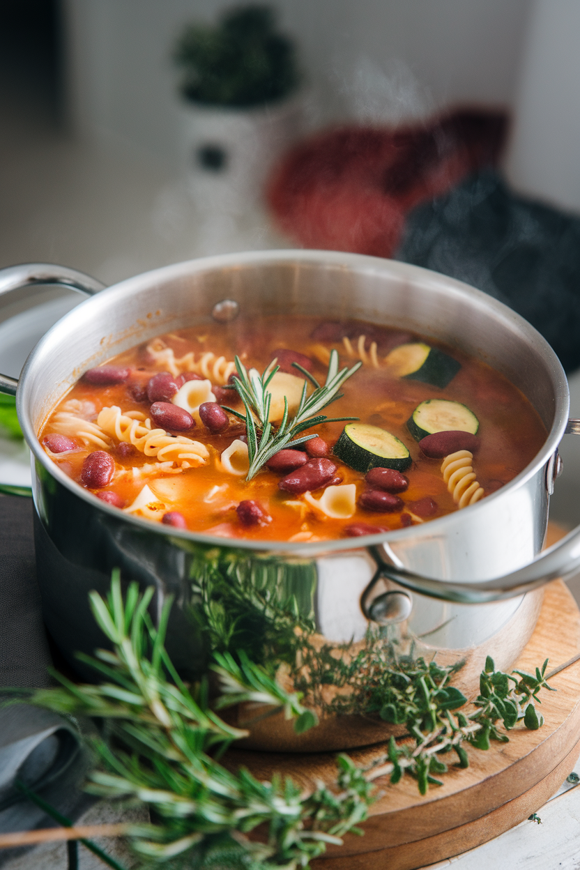 Indoor photo of a pot of minestrone soup with visible kidney beans, zucchini, and pasta spirals; no text or logos.