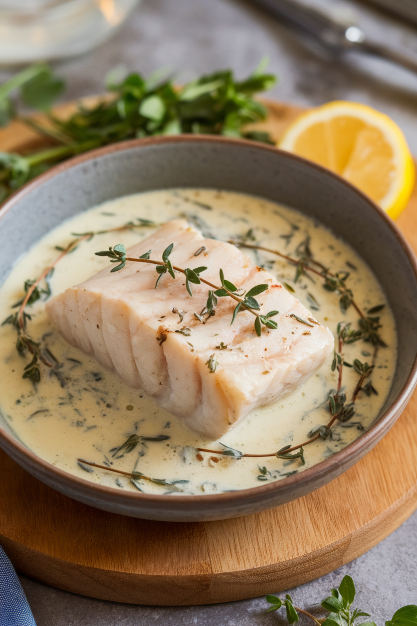 Indoor shot of cod swimming in creamy white wine sauce with shallots and thyme, served in a shallow bowl. No text or logos.