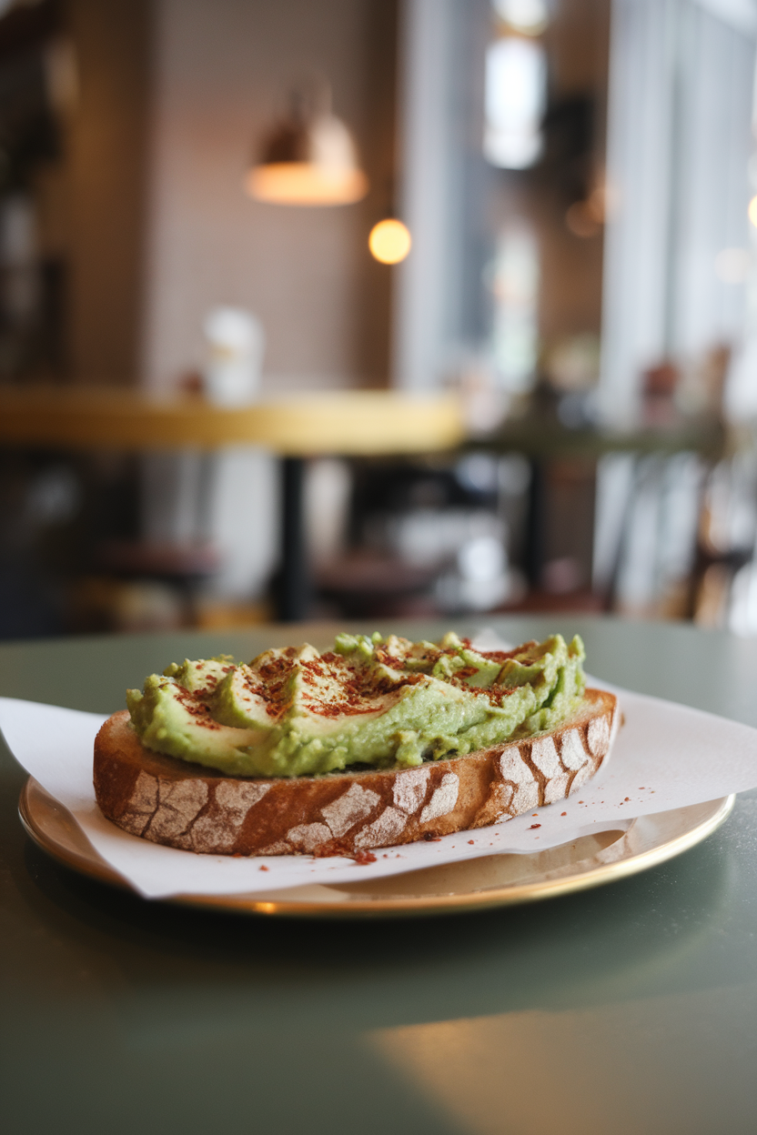 An indoor cafe table holding a slice of toasted gluten-free bread spread with mashed avocado and sprinkled with chili flakes, photographed at a slight angle. No text or logos anywhere.