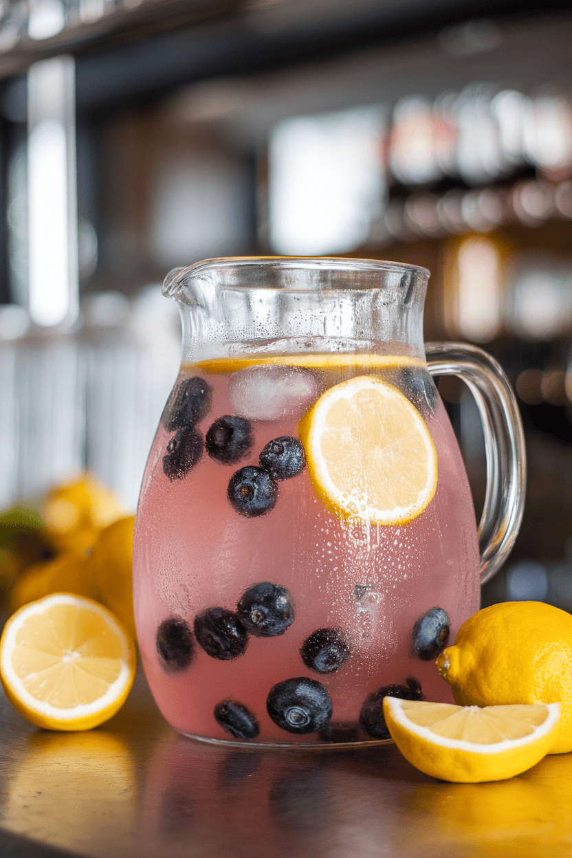 An indoor bar counter with a glass pitcher of pinkish blueberry lemonade filled with ice and lemon slices, condensation visible; no text or logos; photo only.
