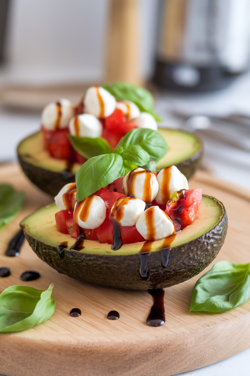 An indoor photo of a halved avocado filled with diced tomatoes, mozzarella pearls, basil, and balsamic drizzle, no text or logos.