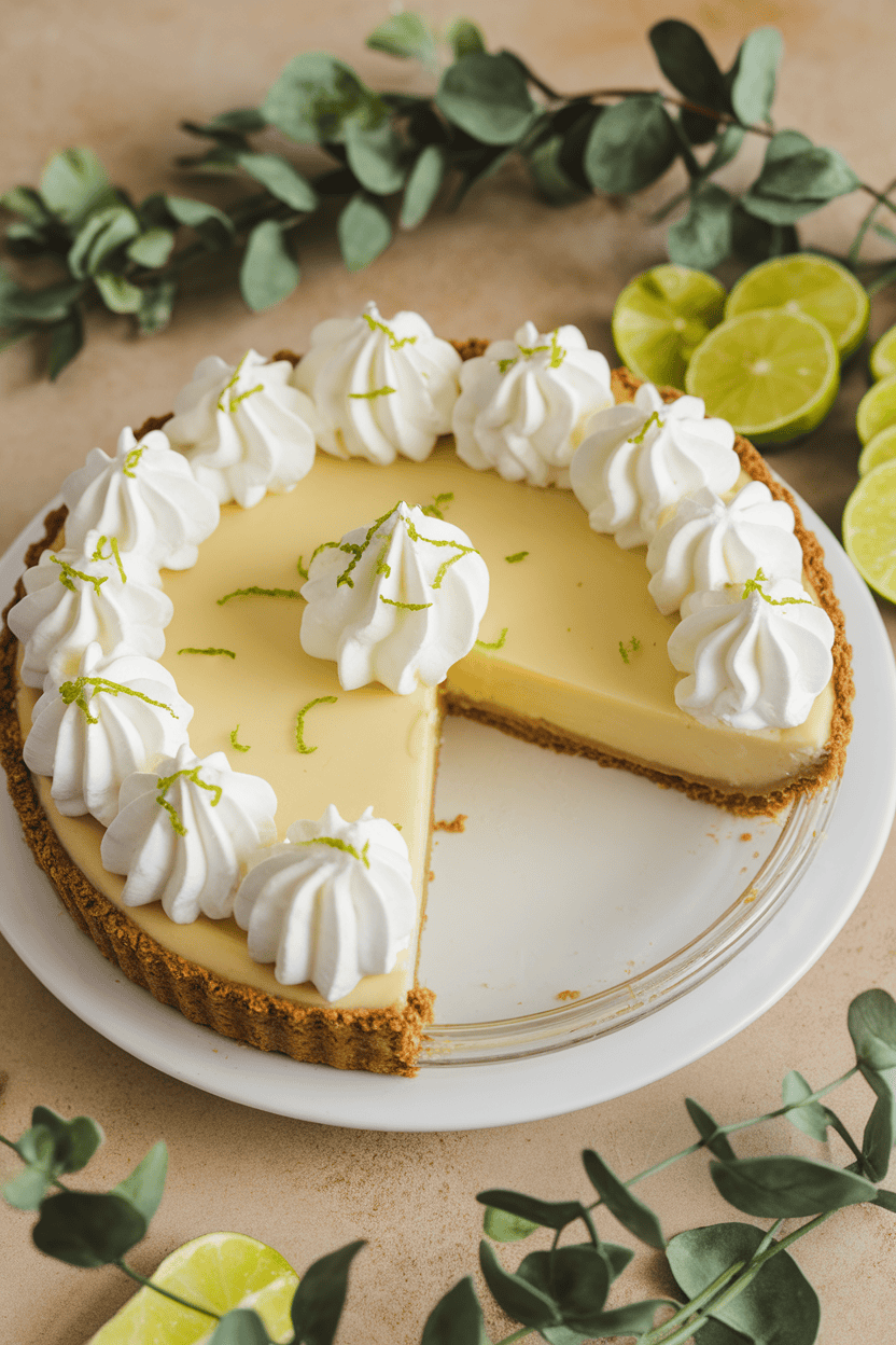Indoor photo of a chilled key lime pie with whipped cream dollops and lime zest on top, slice removed to show creamy interior, no text or logos