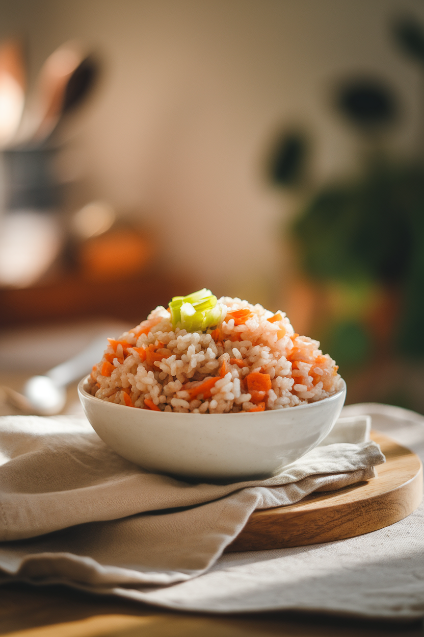 A softly lit indoor table displaying a white bowl of fluffy brown rice pilaf studded with minced carrots and celery. No text or logos; photo only.