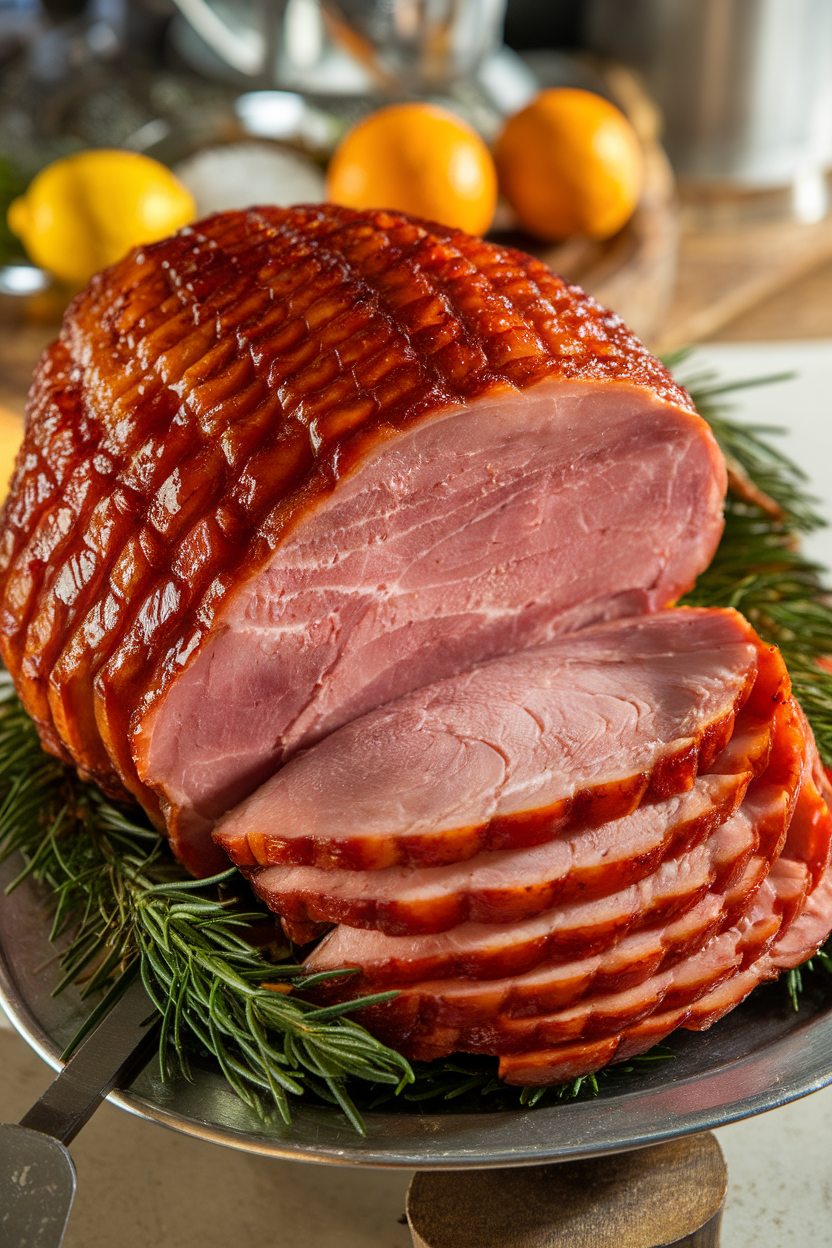 Indoor carving station showing a spiral-cut ham brushed with shiny bourbon glaze, slices fanned out, no text or logos. Photo.