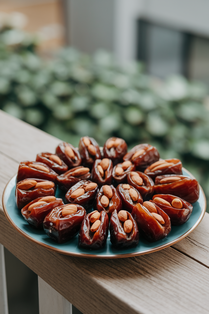An indoor plate holding glossy Medjool dates slit open and filled with whole roasted almonds. No text or logos. Photo, not illustration.