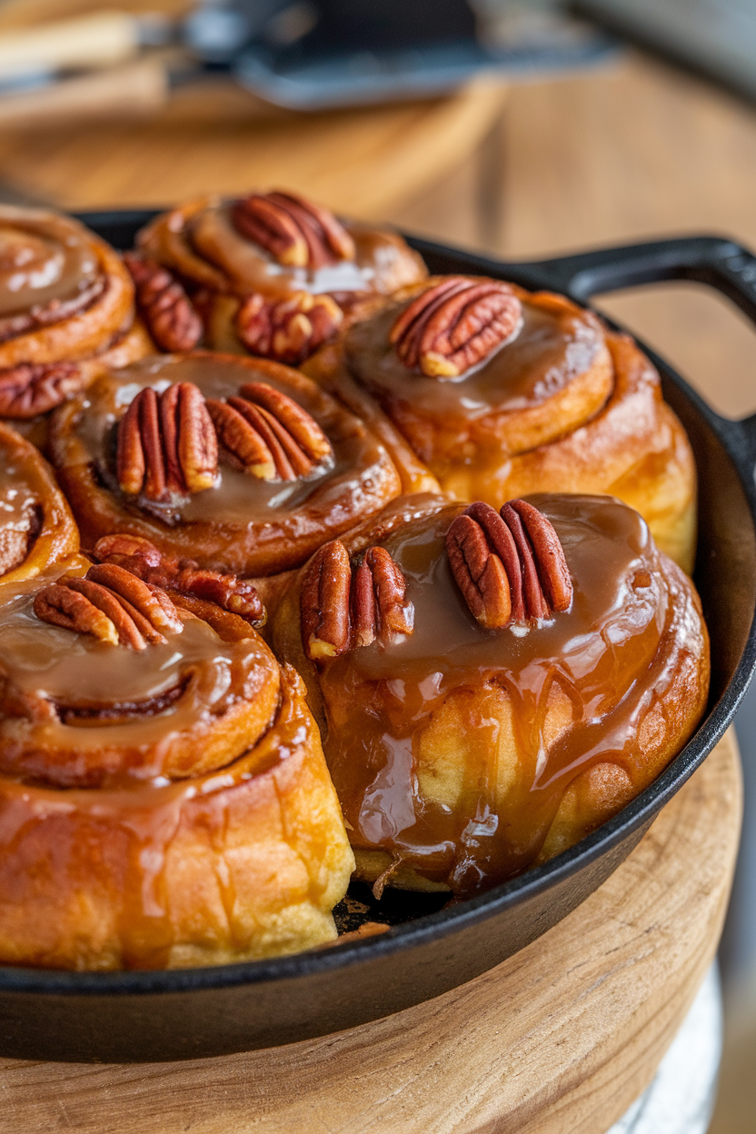 Indoor photo of a skillet full of sticky buns glistening with maple caramel and pecan halves, one bun slightly pulled away. No text or logos.