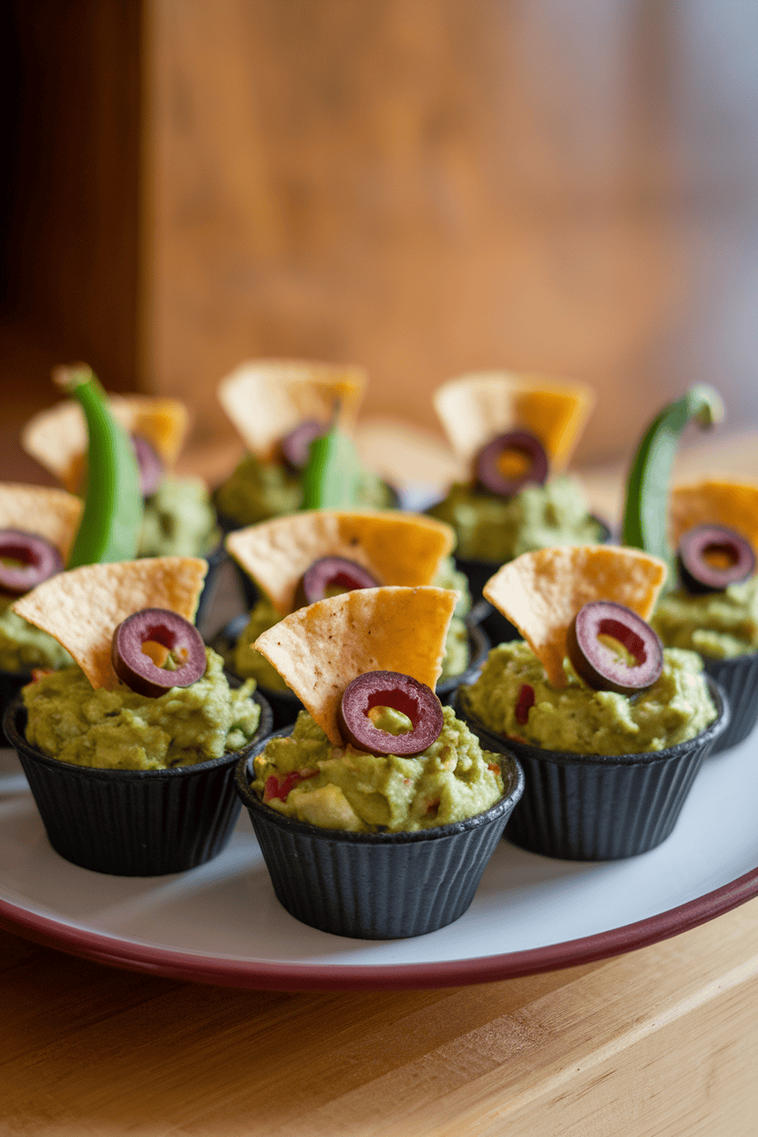 Indoor photo of small black cups of guacamole with tortilla-chip “mouths,” olive-slice eyes, and bell-pepper horns. Soft lighting, no text or logos.